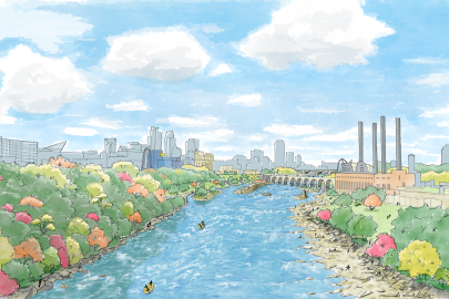 Lower St. Anthony Falls and downtown Minneapolis skyline, illustrated with more riverbank