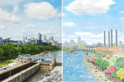 A side-by-side showing the current Lower St. Anthony Falls lock and dam next to an illustration of the structure removed.