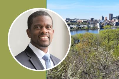 Mayor Carter in front of the St. Paul skyline