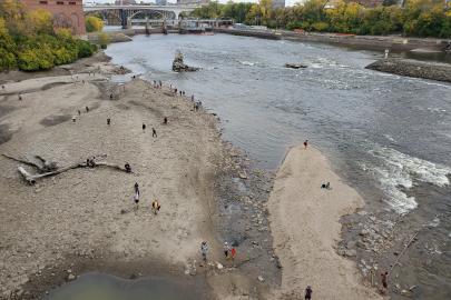 A photo showing the river almost emptied to the river bottom as part of a draw down by the Army Corps.