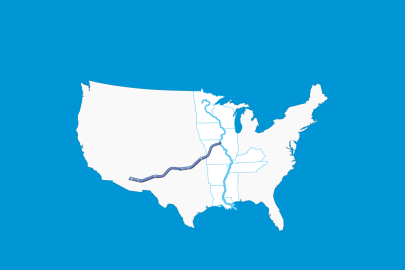Outline of U.S. with Mississippi River, plus a pipeline splitting off the river to the Southwest