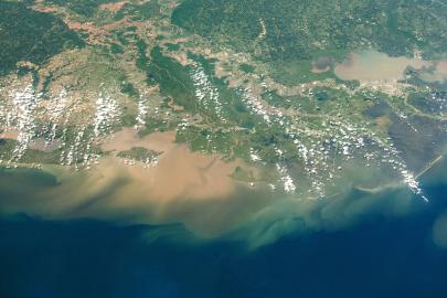 A satellite view showing sediment buildup in the Gulf of Mexico.