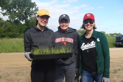 Three volunteers with a tray of plants ready to go in at South Creek from our June planting