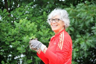 Volunteer holds a plant