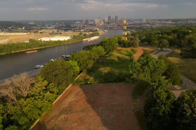 Aerial view of Wic̣aḣapi, river, and downtown St. Paul