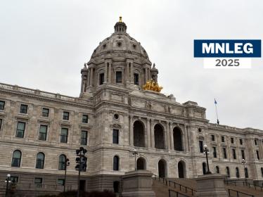 The Minnesota Capitol building exterior. Text says "MNLEG 2025"