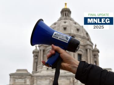 The Minnesota Capitol building exterior with an FMR River Guardians bullhorn in front.. Text says "MNLEG 2025 final update"