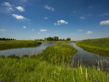 A shallow pond surrounded by agricultural land.