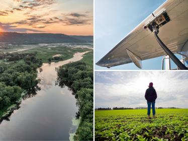 A collage of the Mississippi River, an airplane wing refueling and a farmer in a camelina field.
