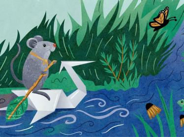Mouse on paper crane paddles down a river flanked by native plants and wildlife