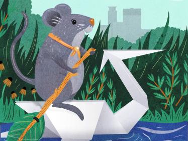 Mouse riding a paper heron on an urban river
