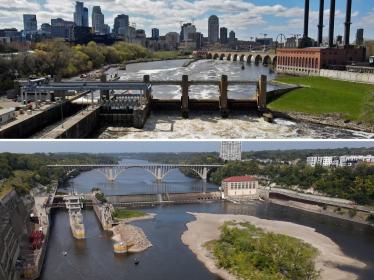 Lock and dam and Minneapolis skyline; Lock and dam near island