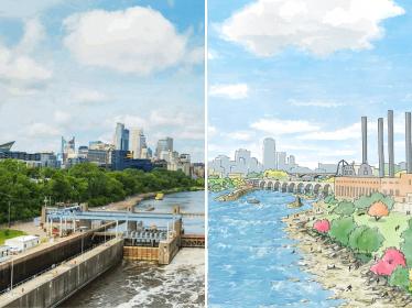 A side-by-side showing the current Lower St. Anthony Falls lock and dam next to an illustration of the structure removed.
