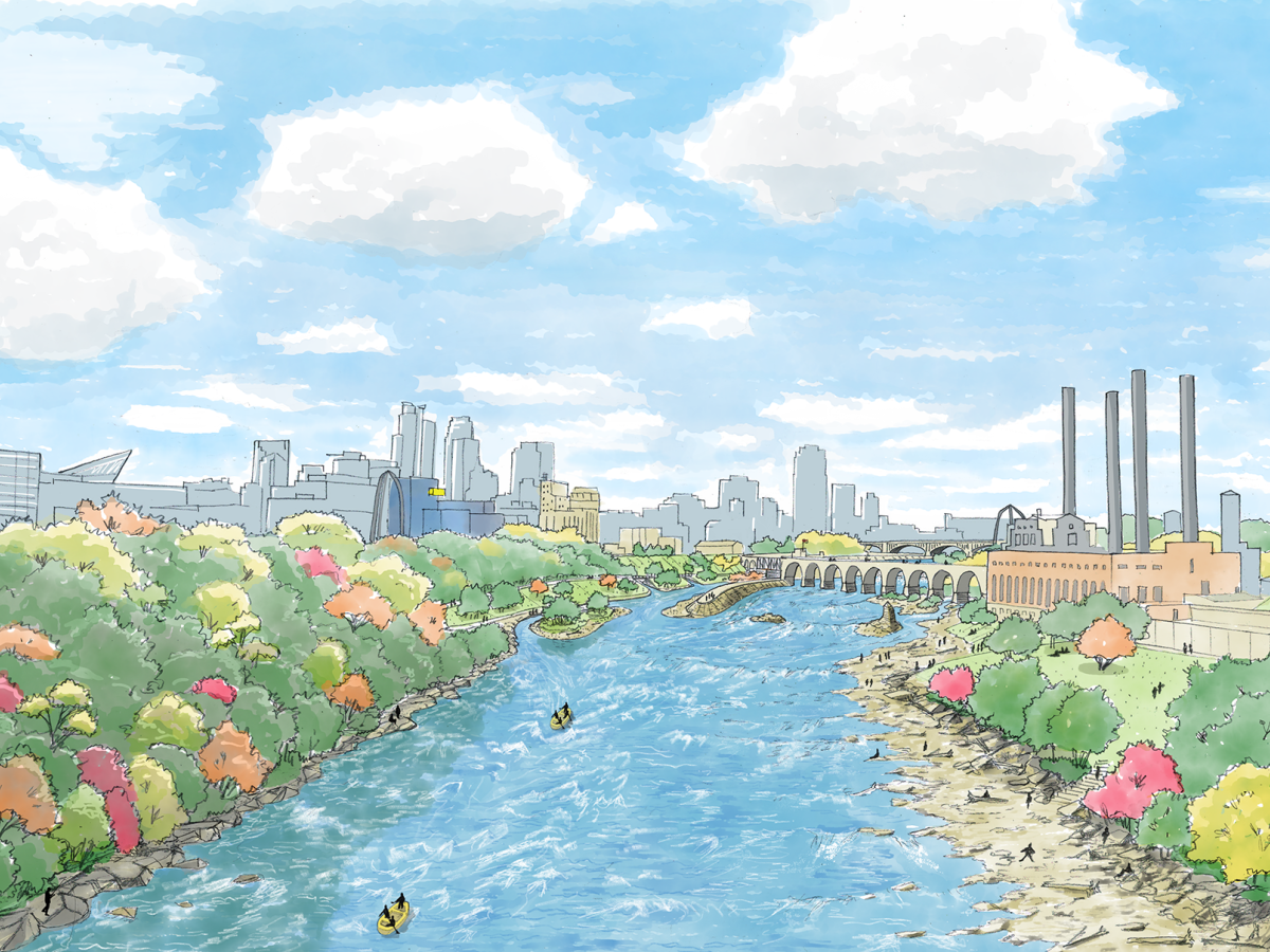 Lower St. Anthony Falls and downtown Minneapolis skyline, illustrated with more riverbank