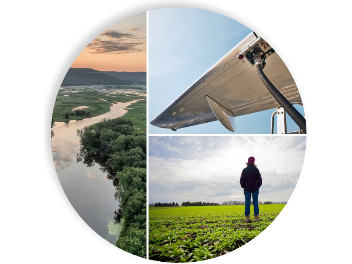 A collage of the Mississippi River, an airplane wing refueling and a farmer in a camelina field.