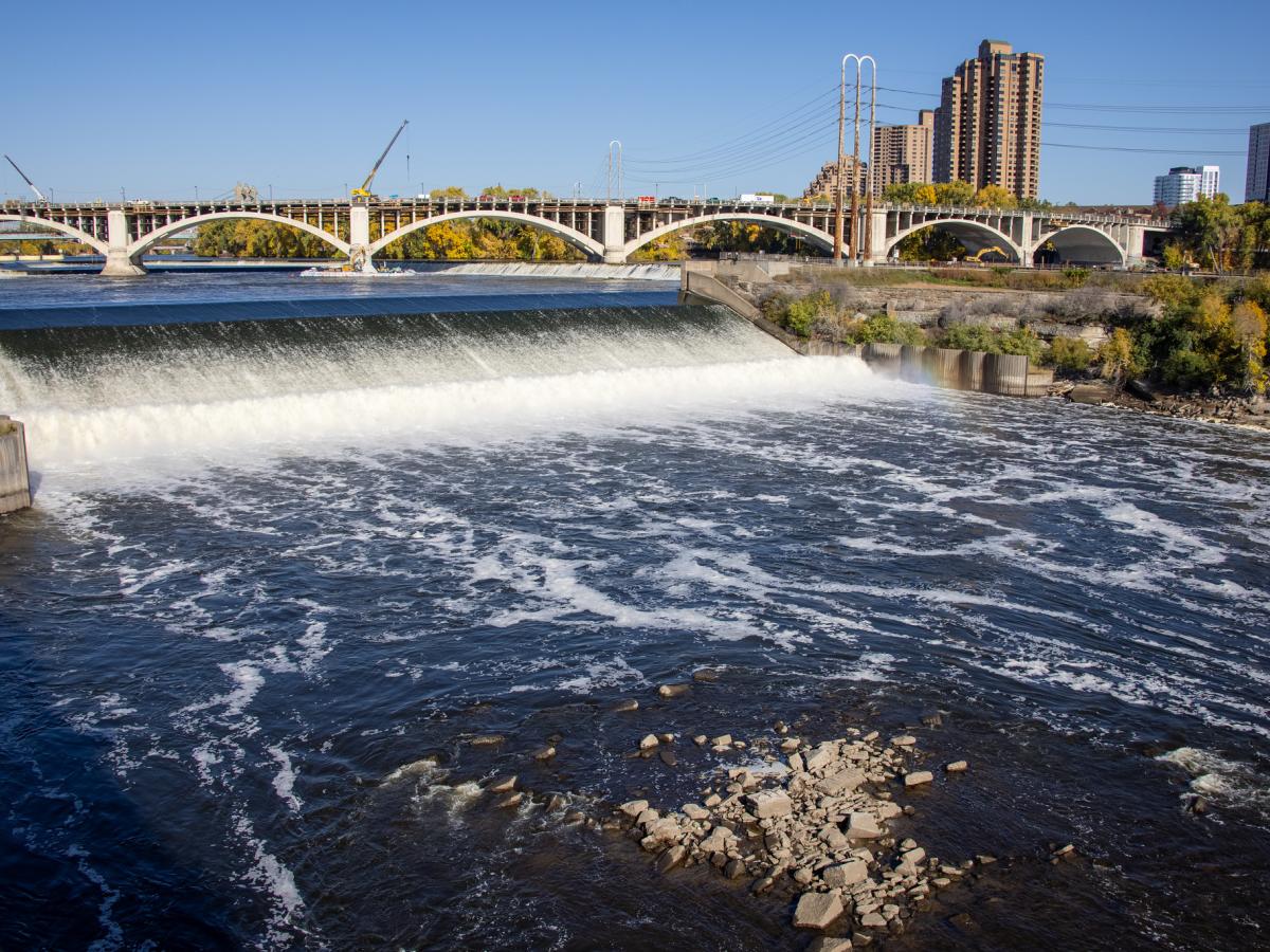 Water roars over St. Anthony Falls.