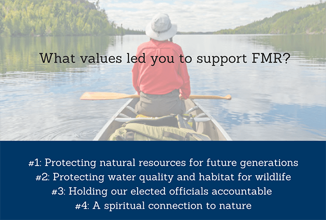 Top values include preserving our environment for future generations, protecting wildlife habitat, holding elected officials accountable and a spiritual connection to the river. 