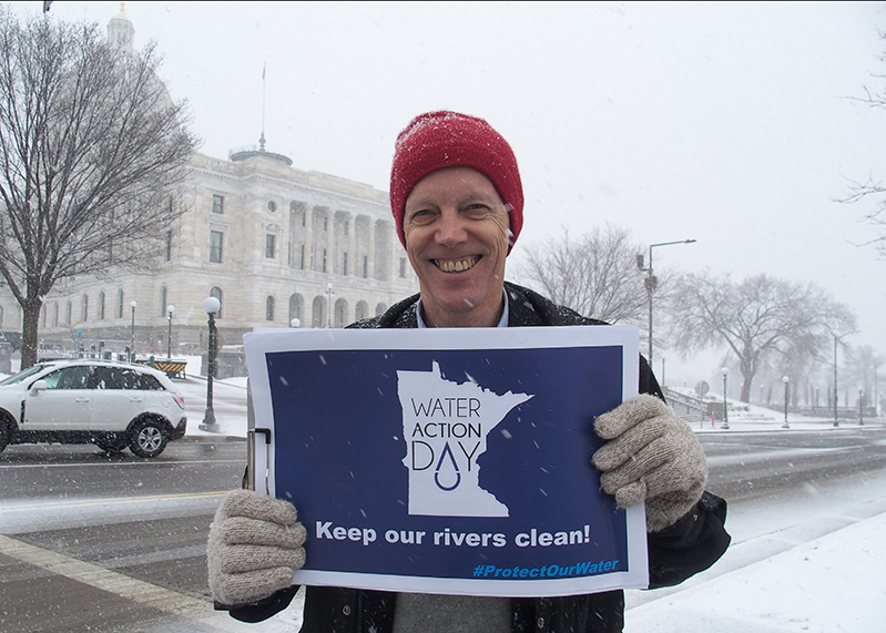  Longtime FMR board member and towboat pilot Hokan Miller heads out from Water Action Day 2019 to beat the spring blizzard. (Many advocates and speakers had noted the relationship between water and climate change issues throughout the day.)