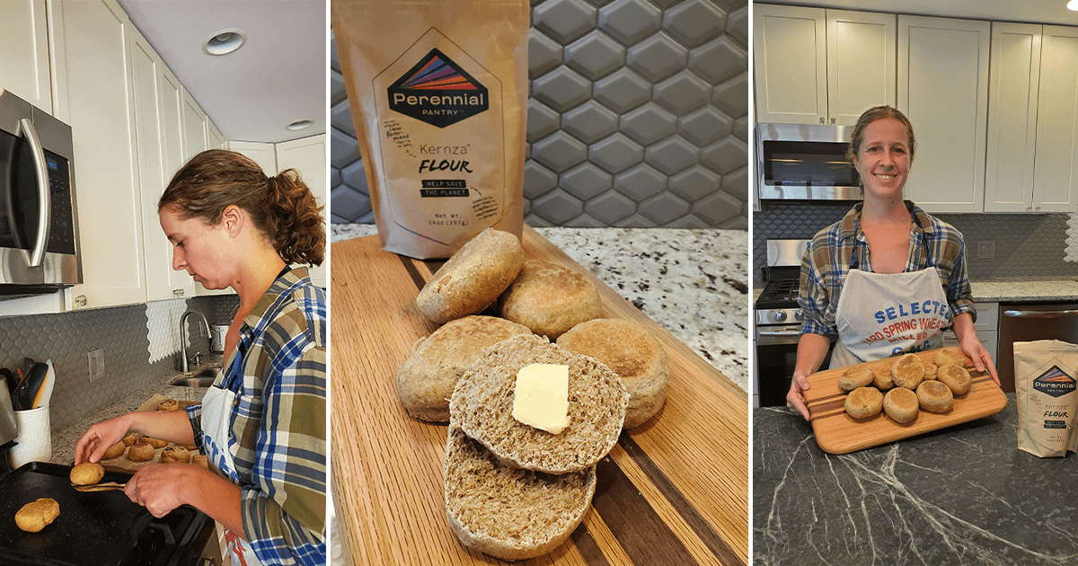 Colleen baking, English muffins, and Colleen with muffins