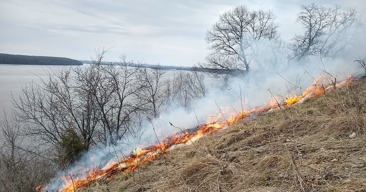 Prairie burn with river below bluff