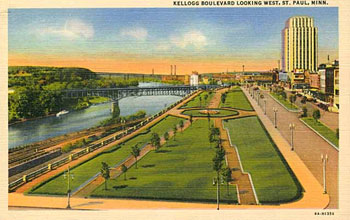 [Graphic: 1940 postcard view of Kellogg Boulevard in downtown Saint Paul.]