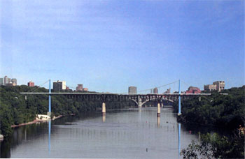 [Manipulated photo: Rendering of the proposed Greenway Bridge in the Mississippi River Gorge.]