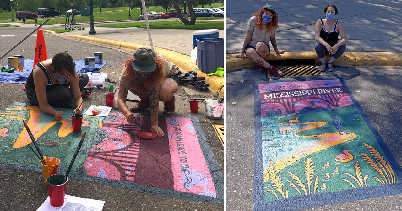 Water quality mural Artists work on mural and pose with finished mural