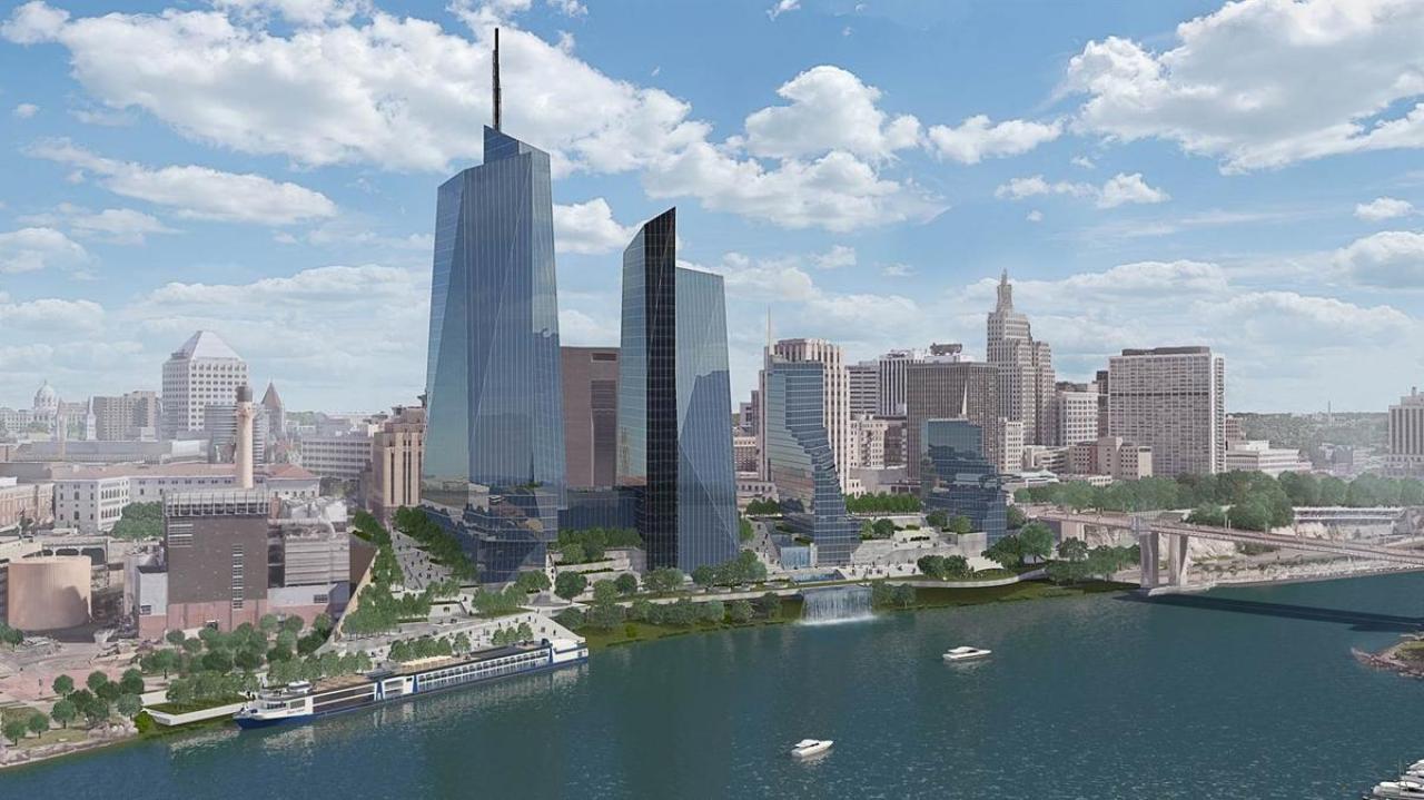 Rendering of St. Paul riverfront with tall buildings St. Paul riverfront development proposal rendering