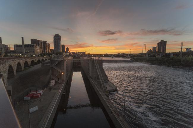 Sunset over the lock and dam on the downtown Minneapolis riverfront