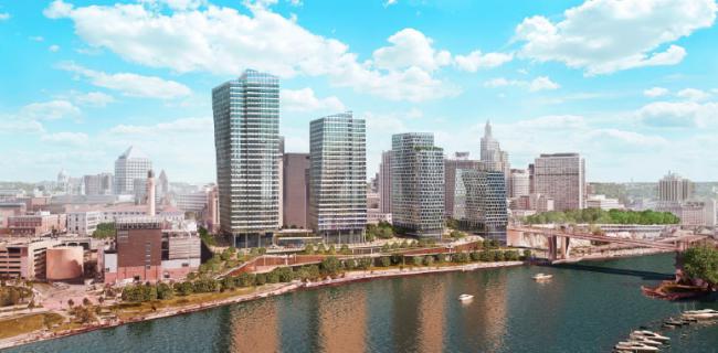 A drawing of the proposed Riversedge project. Four large towers rise above the Mississippi River between Shepard Road and Kellogg Boulevard.