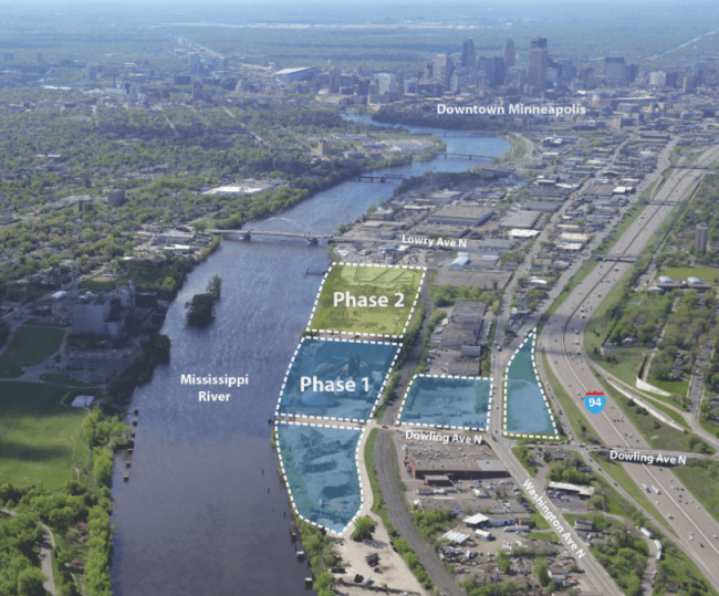 The massive Upper Harbor Terminal site along the Mississippi River in North Minneapolis. 