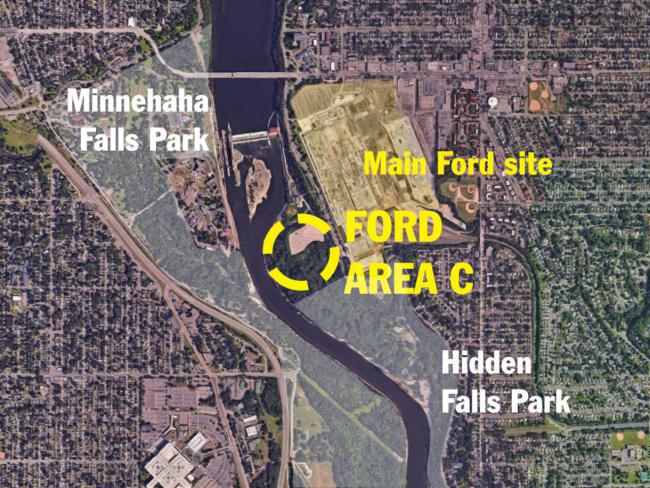 A map showing Area C on the east side of the Mississippi River. South of the main Ford site, north of Hidden Falls Park, and across the river from Minnehaha Falls Park.