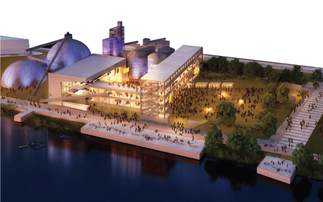 A conceptual drawing of a large multistory concert stadium next to the site's industrial structures and the Mississippi River.