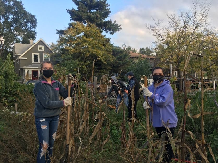 Two people work at urban farm